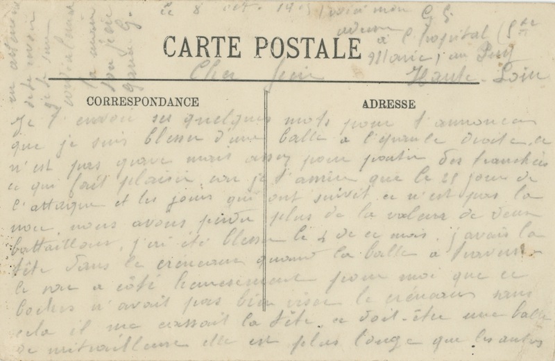 8 octobre 1915, carte écrite à son fils. Collection M. Cotty