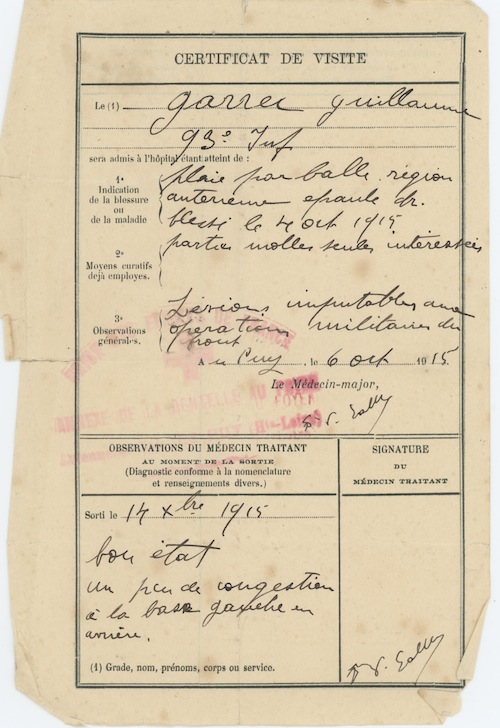 Certificat de visite - 14 décembre 1915. Collection M. Cotty