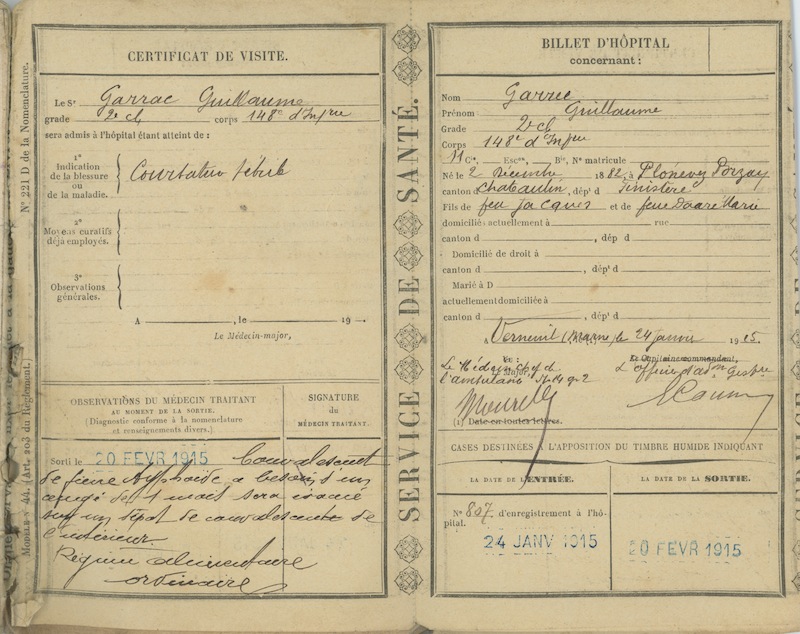 Certificat de visite - 20 février 1915. Coll. M. Cotty