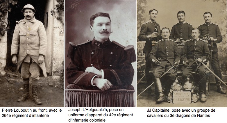 Trois types d'uniforme. Coll. familles Le Menn, L'Helgoualc'h et Capitaine